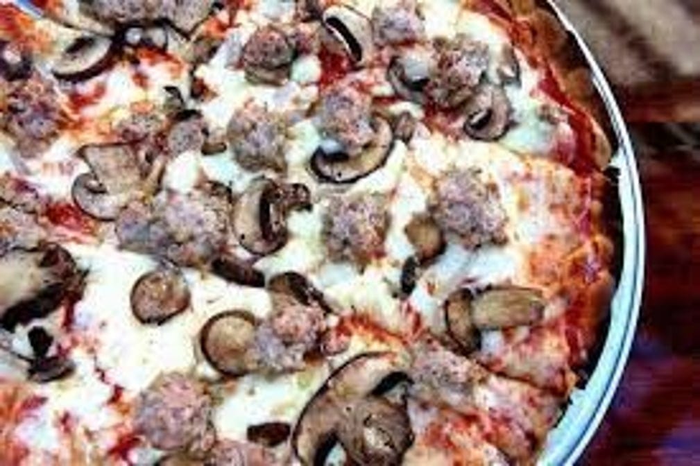 Sausage, Mushroom and Onion Pizza.