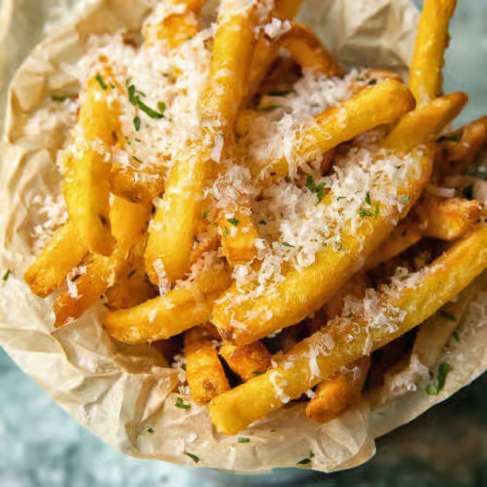 Crispy golden fries topped with grated cheese and chopped herbs, served in a paper-lined basket.