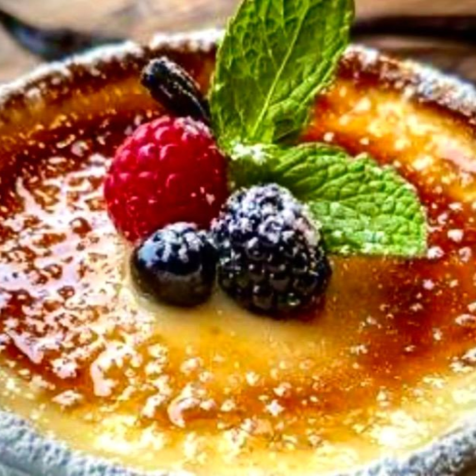 Close-up of a caramelized dessert topped with raspberries, blackberries, blueberries, and fresh mint leaves.